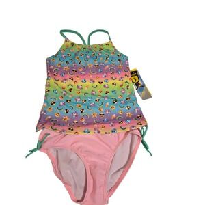 Sport Girls Rainbow Unicorn Emoji Tankini Swimsuit Set Pink Teal XL NEW